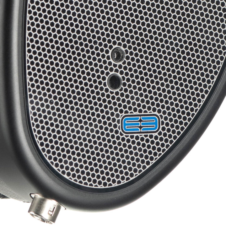 Dan Clark E3 grill closeup with logo over white background