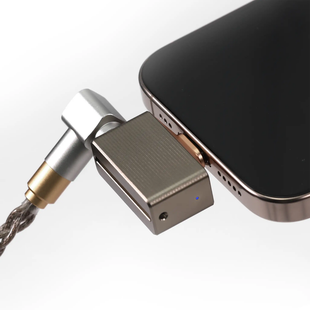 ddHiFi TC44Pro M3 DAC dongle plugged into phone with IEM cable attached whitebox