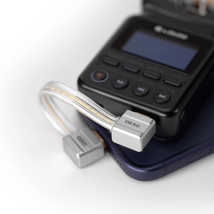 ddHiFi TC19LL Gold cable attached to phone and device whitebox