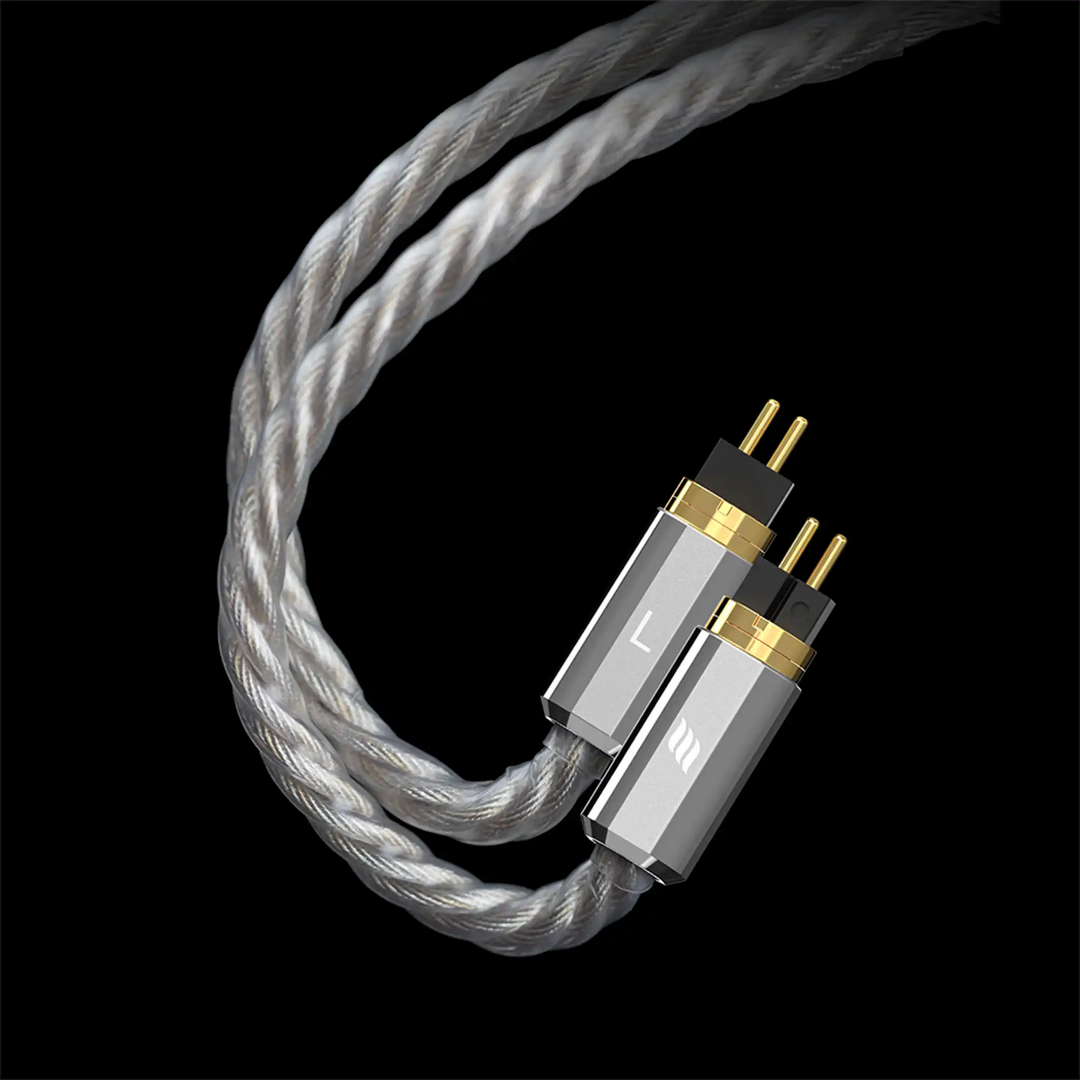 Effect Audio Leonidas Z IEM upgrade cable closeup of 2-pin connectors on black background
