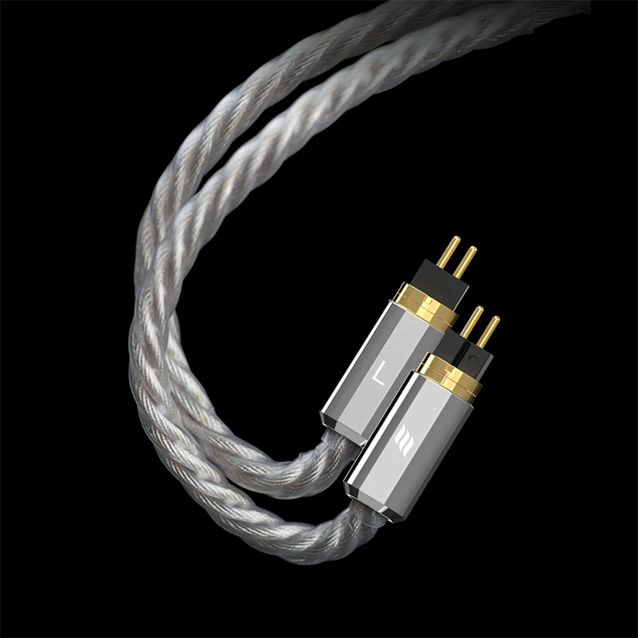 Effect Audio Leonidas Z IEM upgrade cable closeup of 2-pin connectors on black background