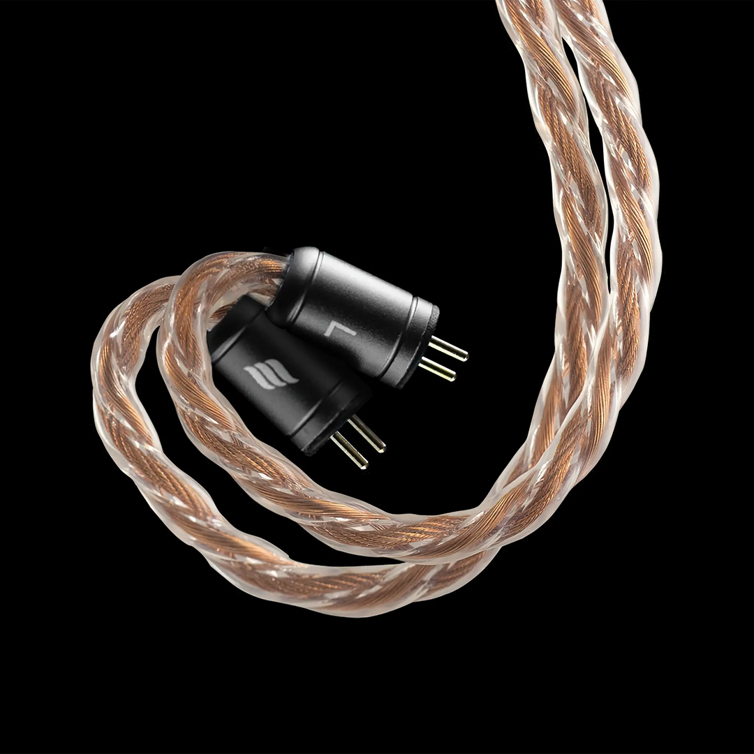 Effect Audio Ares S Lite cable 2-pin connectors closeup on black background