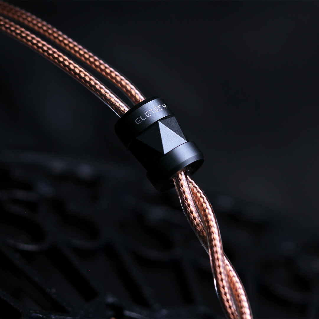 Eletech Modello cable closeup of y-split on black background
