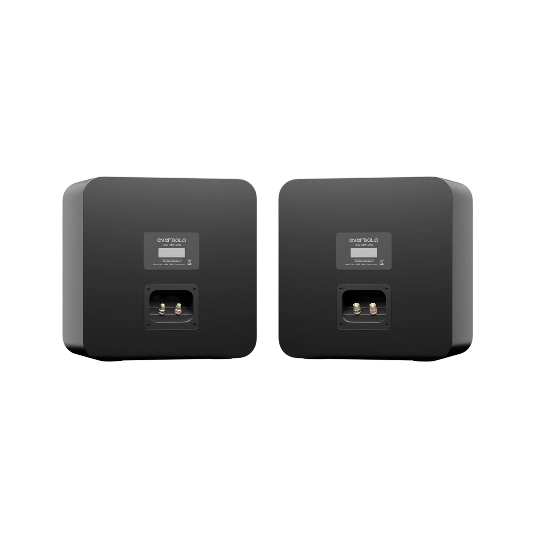 EverSolo SE100 bookshelf speakers rear view angled outward from center whitebox