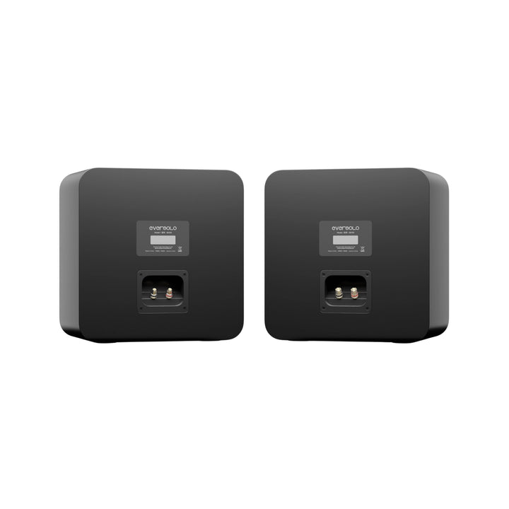 EverSolo SE100 bookshelf speakers rear view angled outward from center whitebox