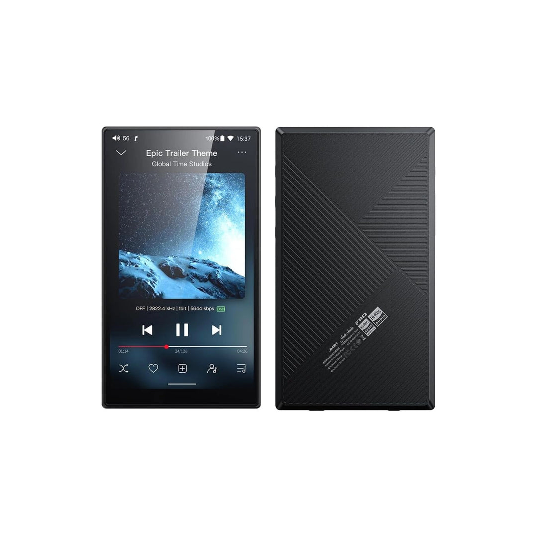 FiiO JM21 DAP black front and rear view standing whitebox