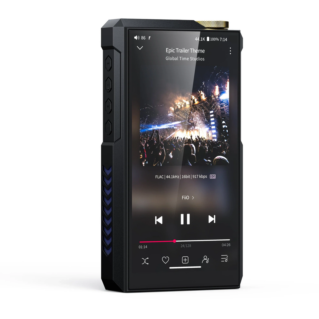 FiiO M27 aluminum standing front left 3 quarter whitebox