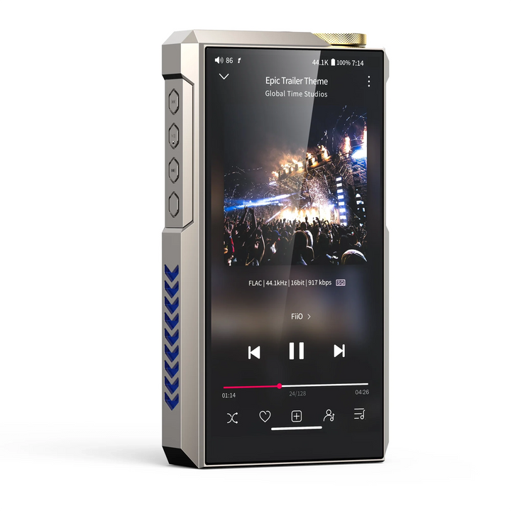 FiiO M27 titanium gold standing front left 3 quarter whitebox