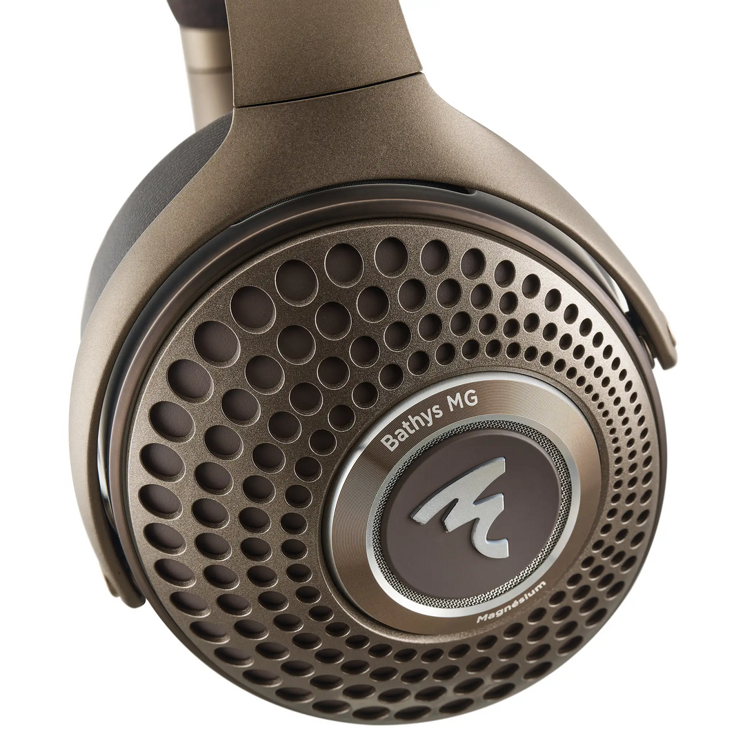 Focal Bathys MG headphones right ear cup profile extreme closeup whitebox