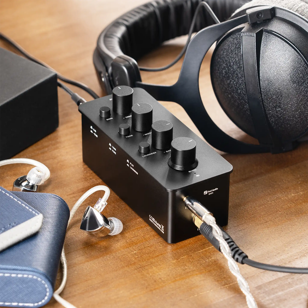 Fosi Audio SK01 Lifestyle Image with Headphones