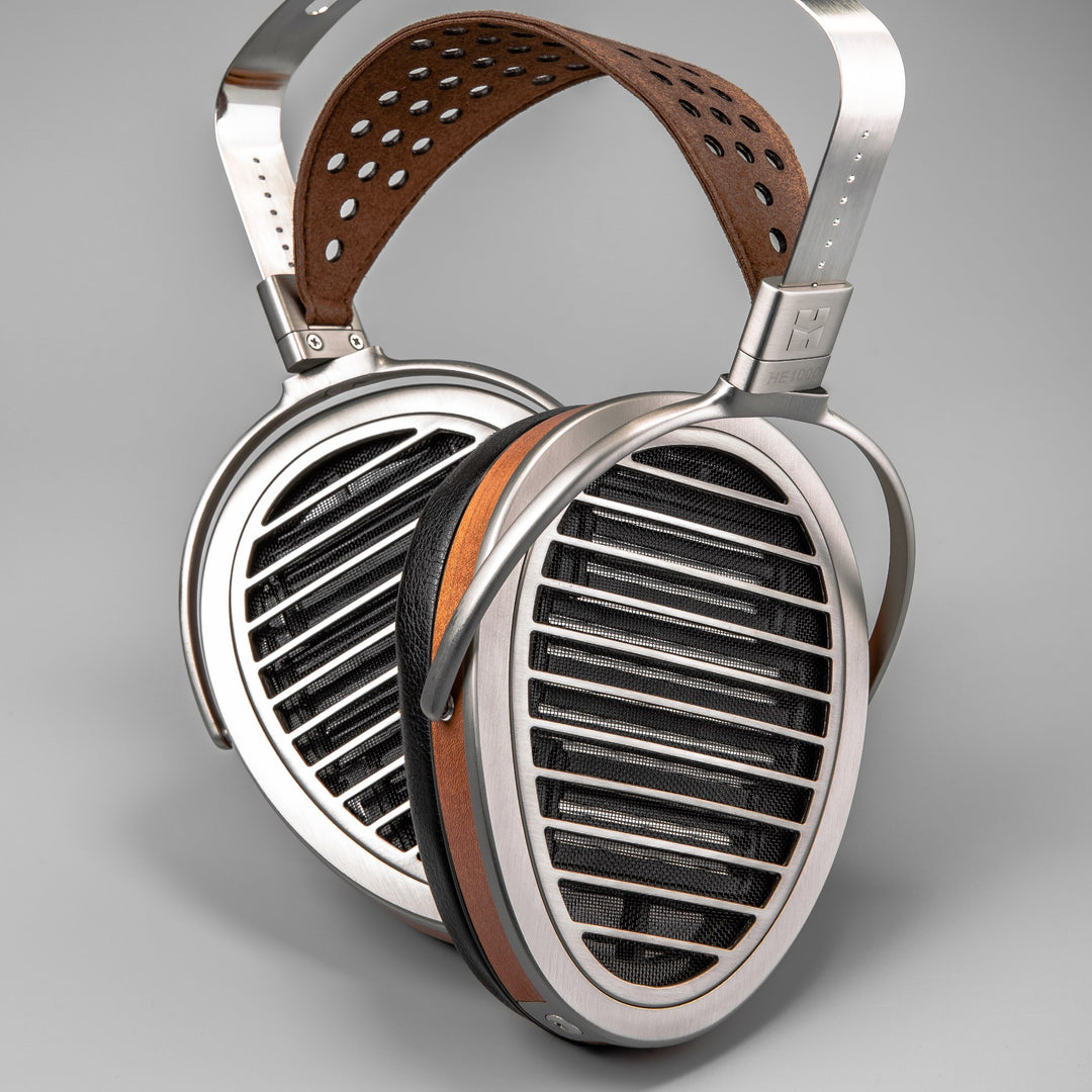 HiFiMAN HE1000 v3 Stealth front rotated earcups over gray background