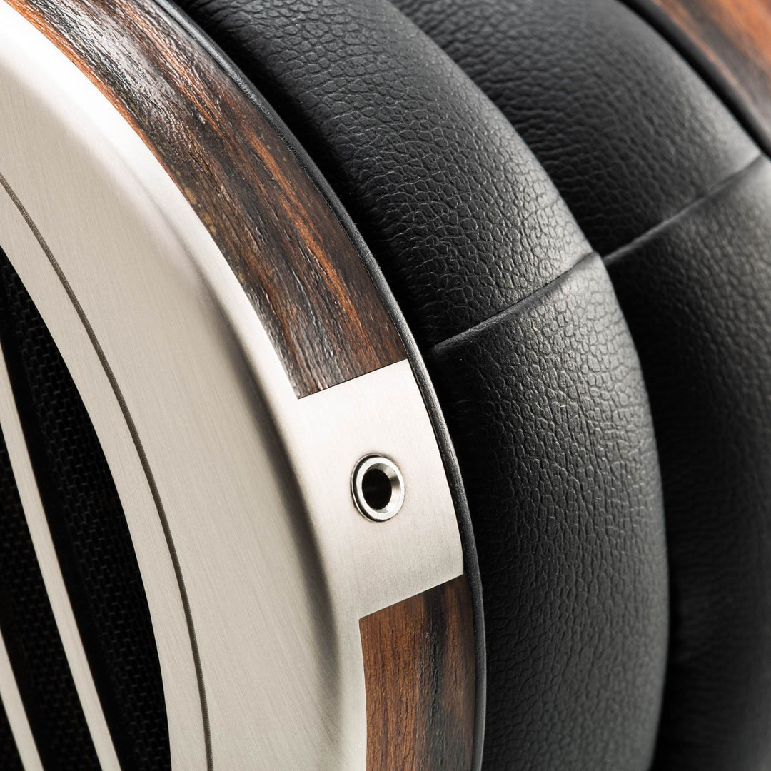 HiFiMAN Susvara extreme closeup headphone port and leather earpad