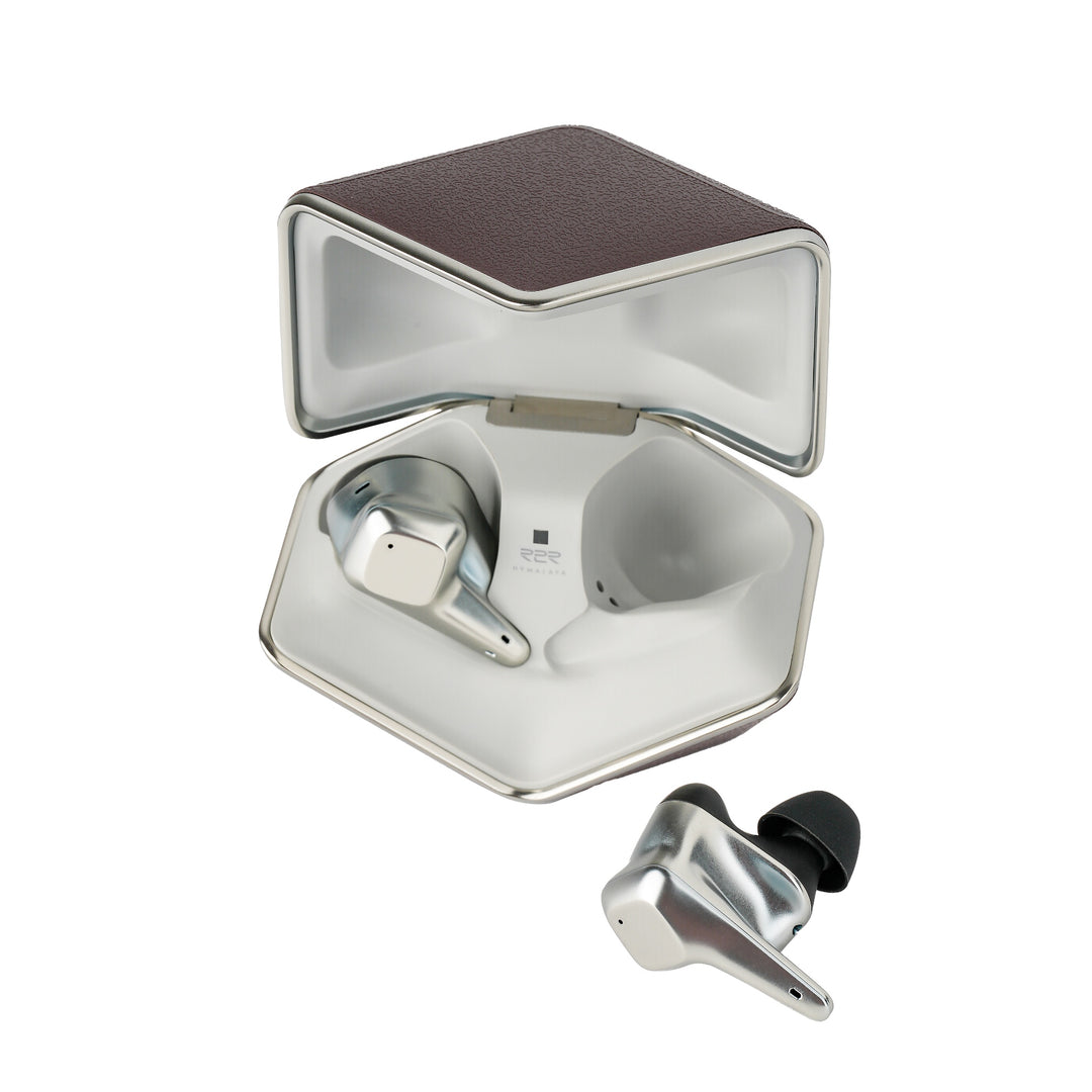 HiFiMAN Svanar Wireless LE earphone in case with 2nd earphone outside case over white background
