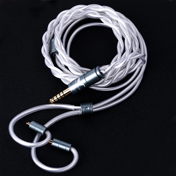 Hisenior Mega5-EST 7th anniversary iems White Whale cable closeup on black background