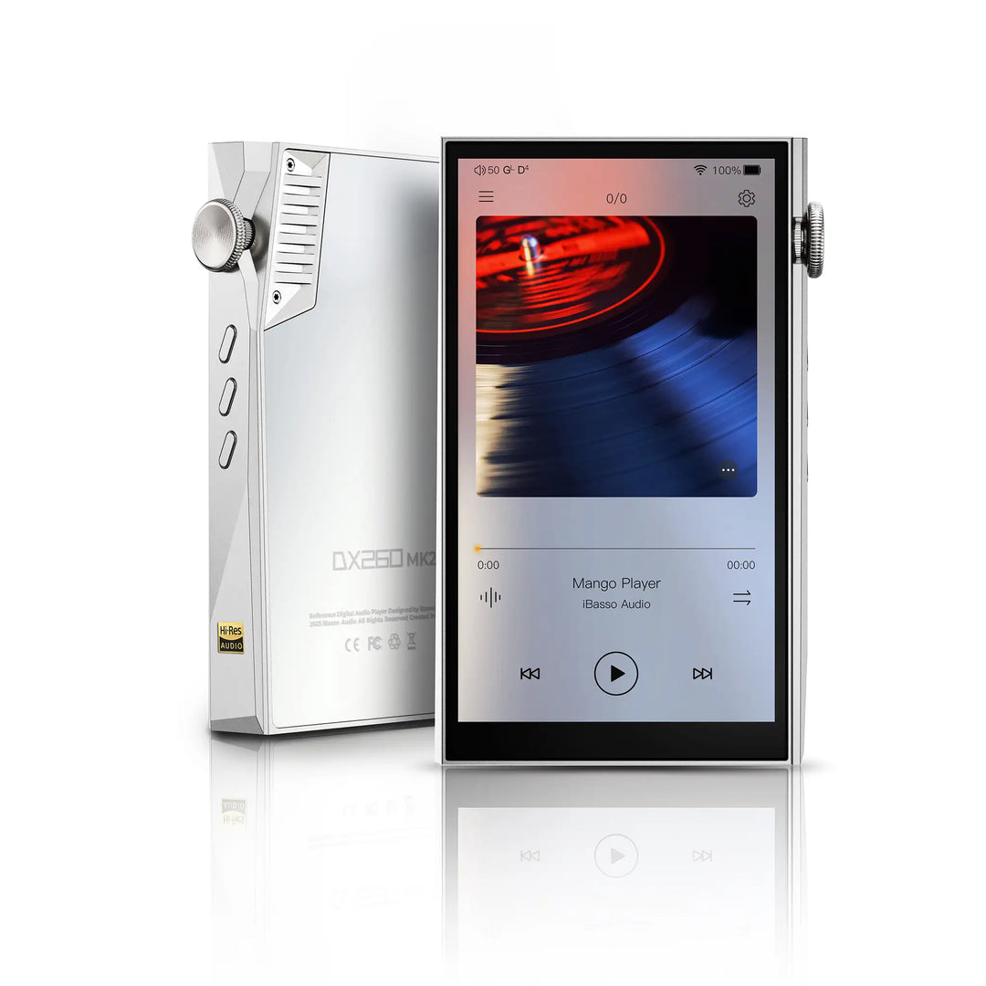iBasso DX260MK2 DAP x2 in white silver standing front center and back at left 3 quarter angle whitebox