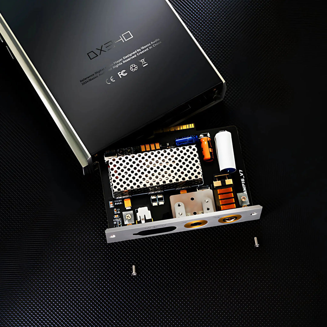 iBasso AMP 16 amp card Birdseye view with DX340 lying on black surface
