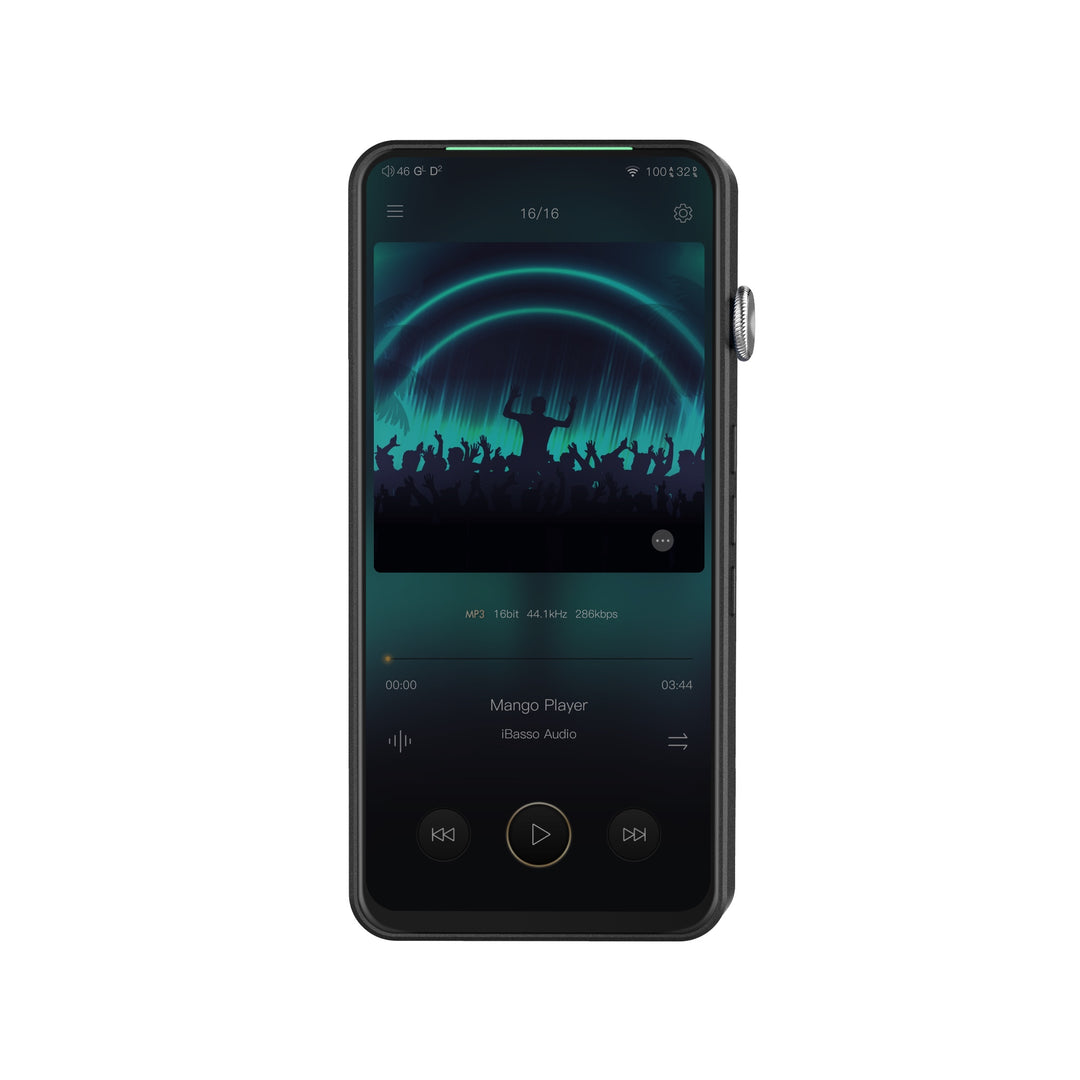 iBasso DX320 black front with active LED screen over white background