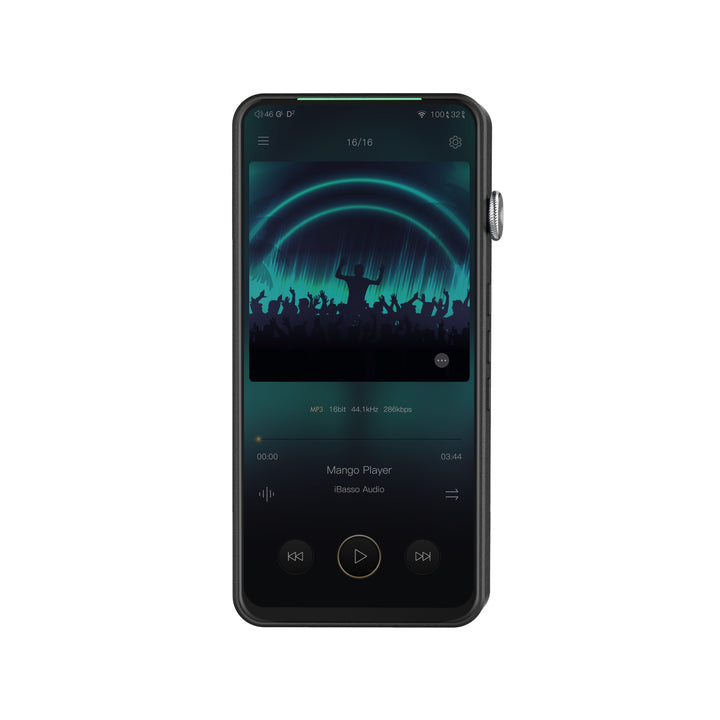 iBasso DX320 black front with active LED screen over white background