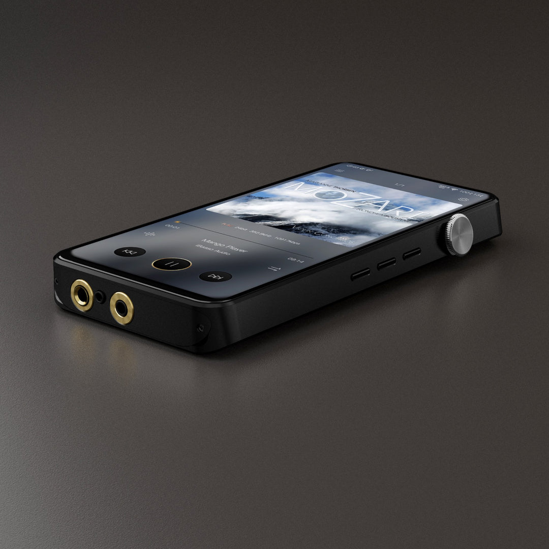 iBasso DX320 black profile 3 quarter right with active LED screen over black gradient background