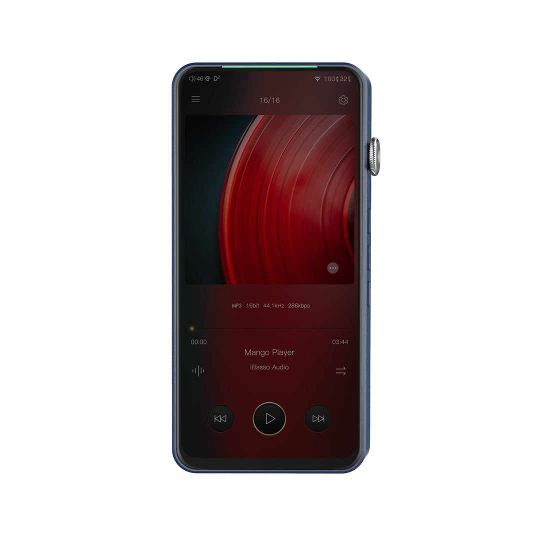 iBasso DX320 blue front with active LED screen over white background