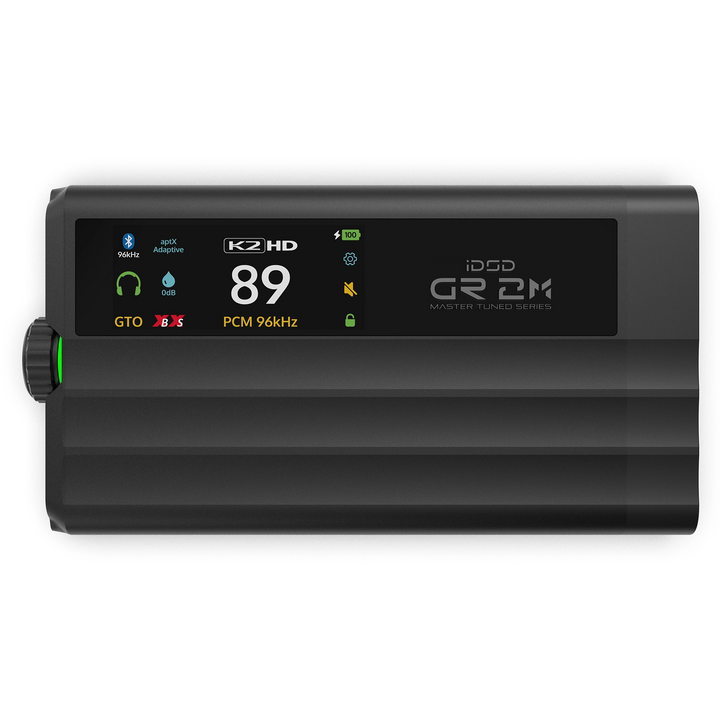 A black iDSD GR 2 MT with a digital display screen showing various settings and indicators, photographed on a clean white background.