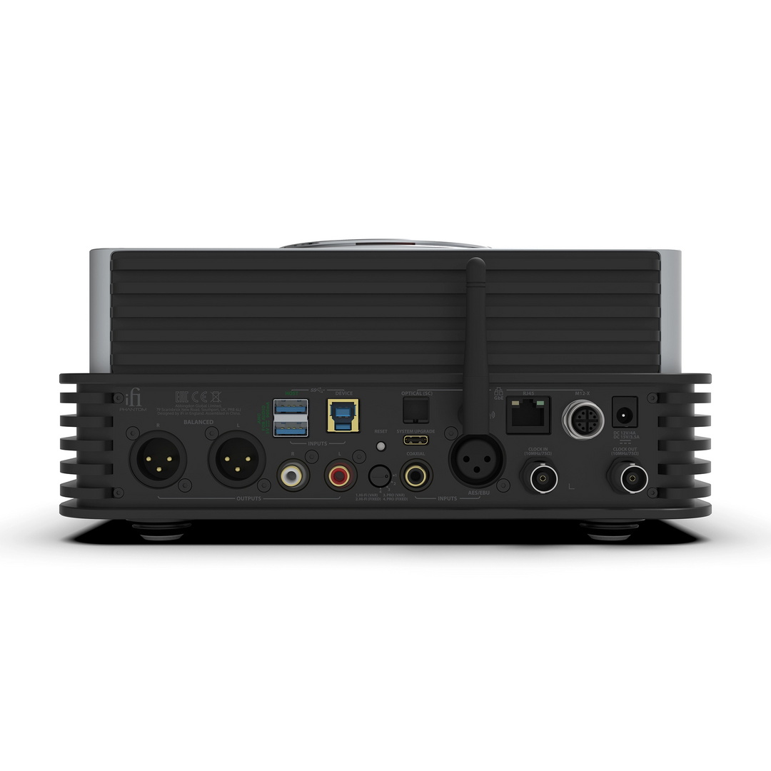 iFi Audio iDSD Phantom DAC/amp sitting rear center whitebox
