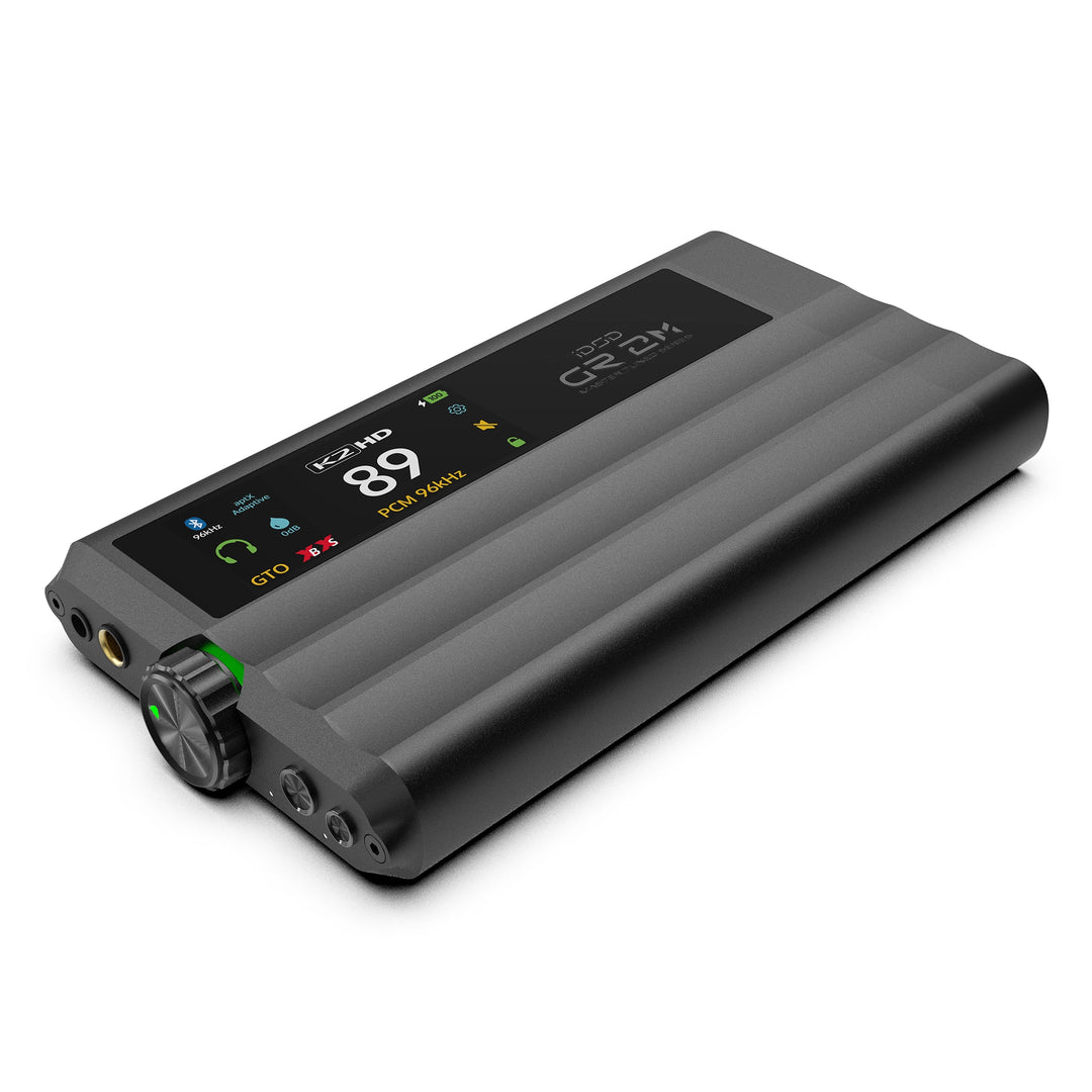 iFi iDSD GR 2 MT with a digital display screen showing battery status and a rotary control knob on the side, set against a plain white background.