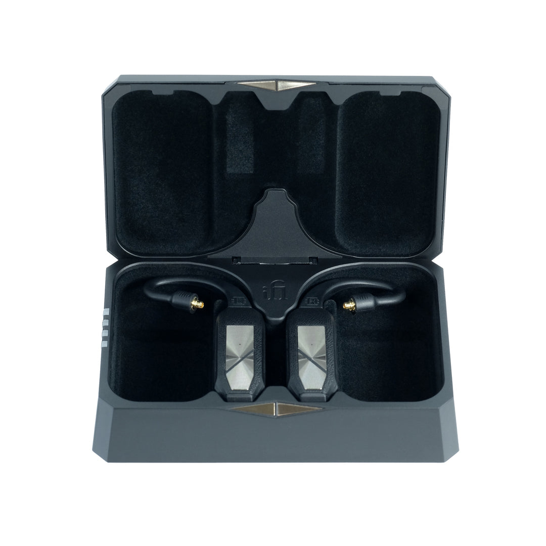 iFi GO Pods in open case over white background
