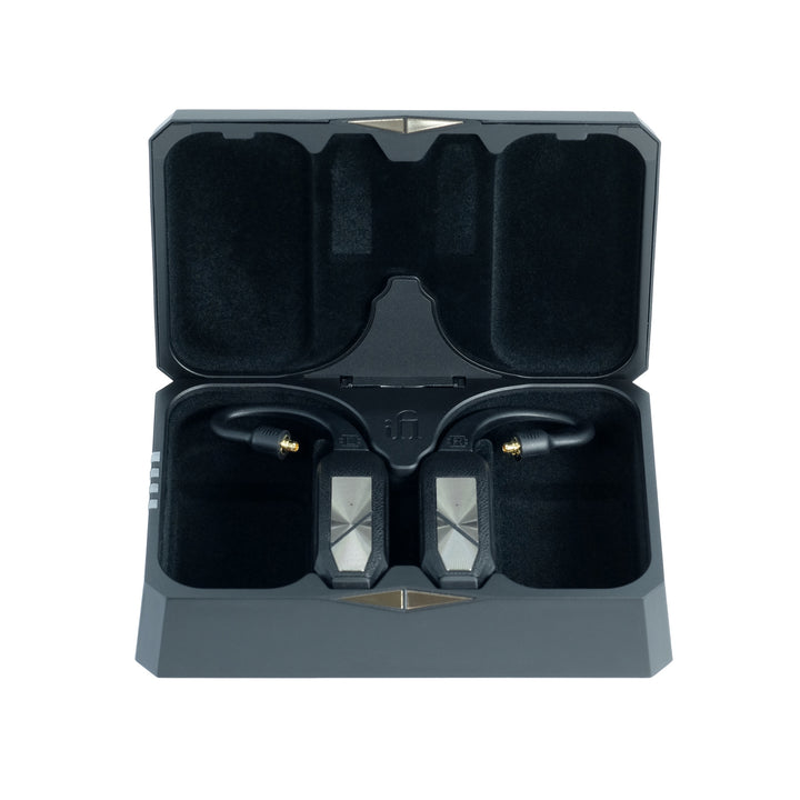 iFi GO Pods in open case over white background