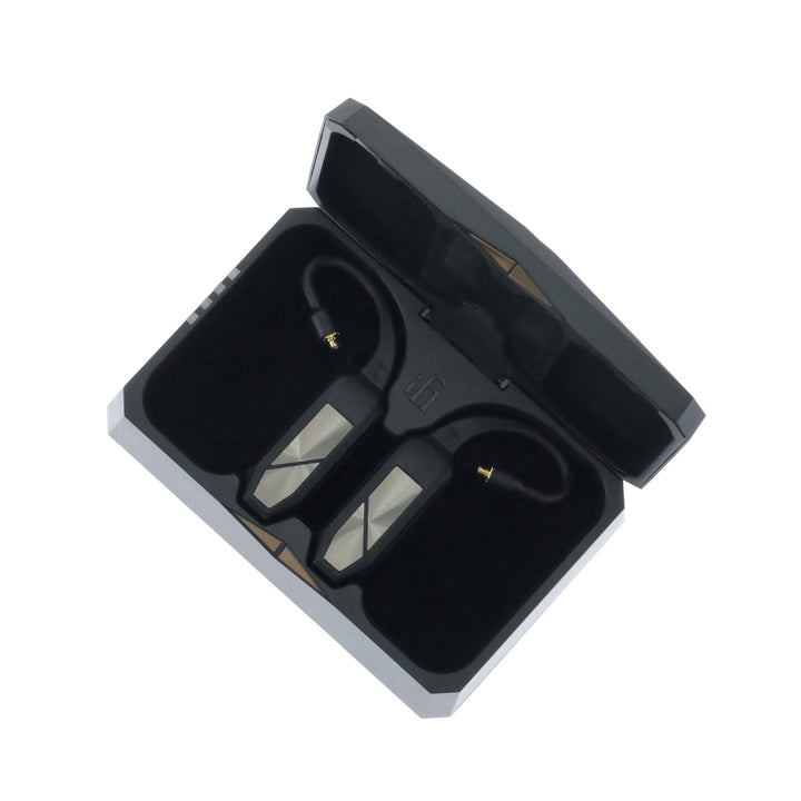  iFi GO Pods in open case over white background 3 quarter top