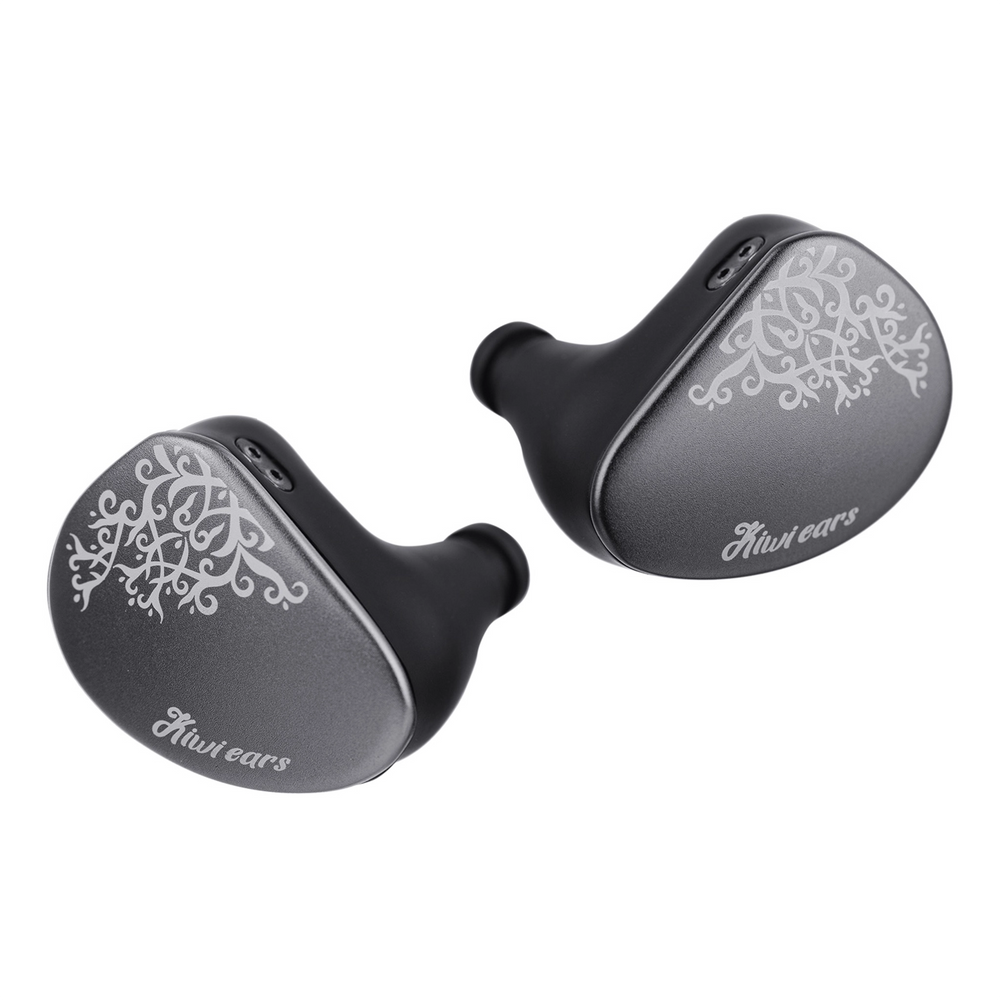 Kiwi Ears Cadenza II IEMs grey faceplate front view floating diagonally whitebox