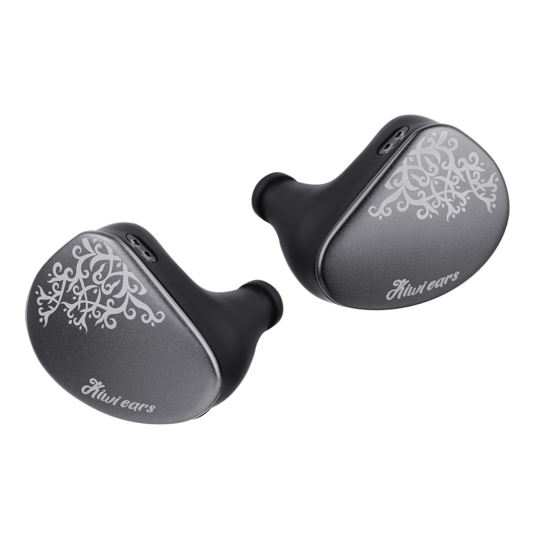 Kiwi Ears Cadenza II IEMs grey faceplate front view floating diagonally whitebox