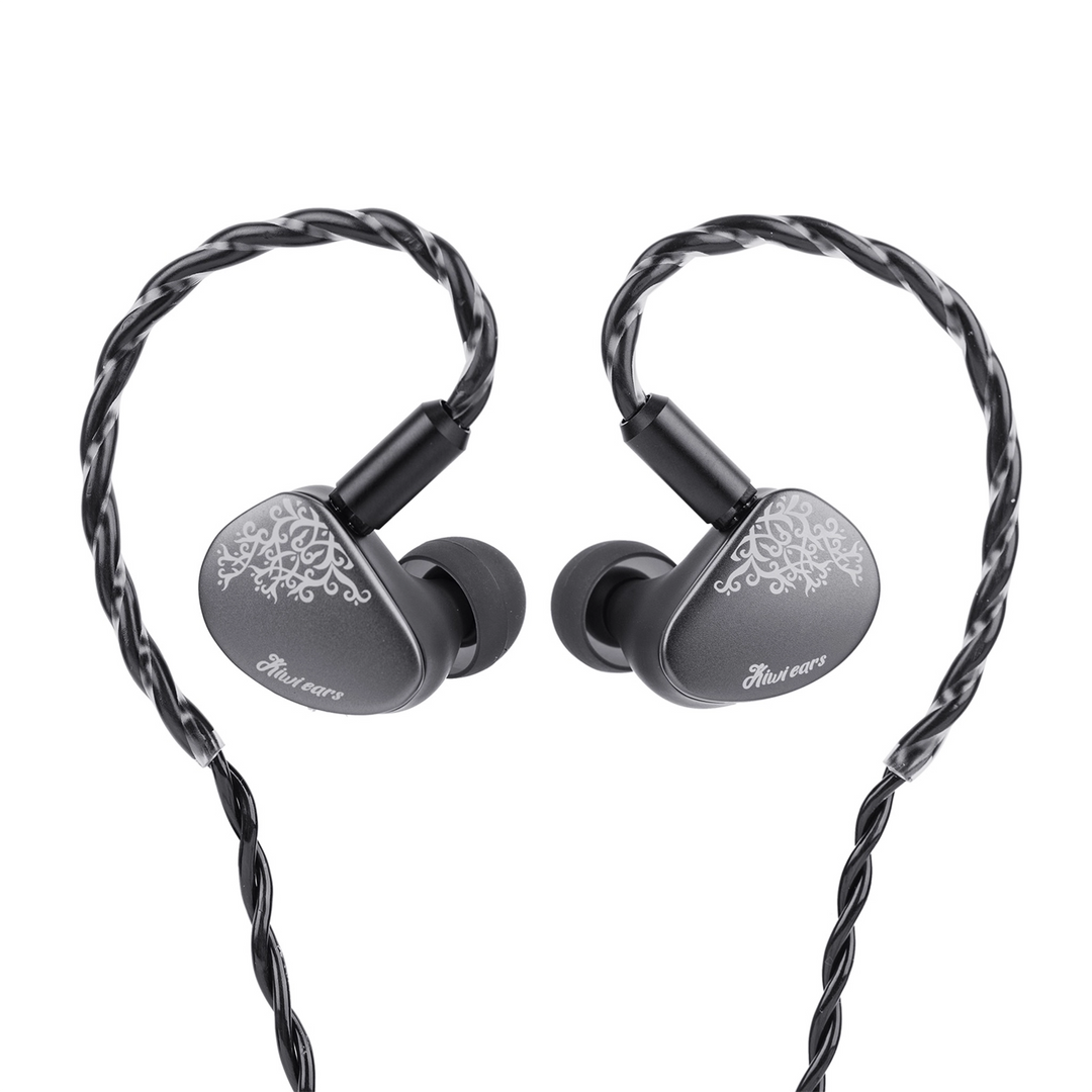 Kiwi Ears Cadenza II IEMs grey faceplate front attached to cable whitebox