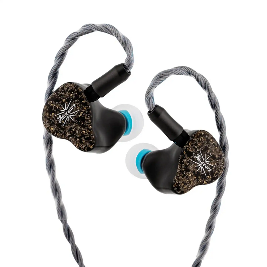 Kiwi Ears Astral yellow IEMs floating diagonally with cable attached whitebox