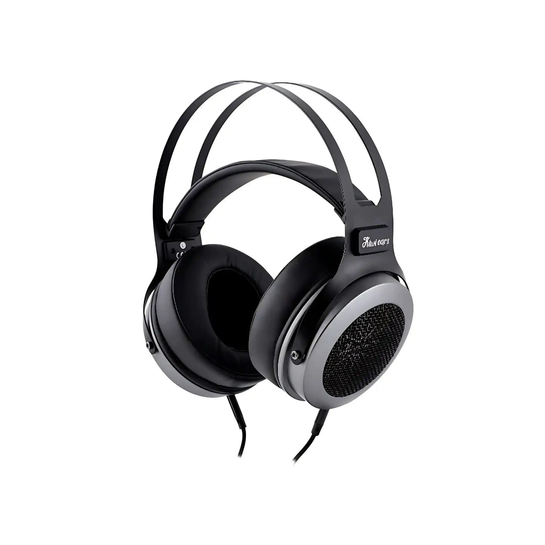 Kiwi Ears Altruva headphones in silver front right 3 quarter angle with cable whitebox