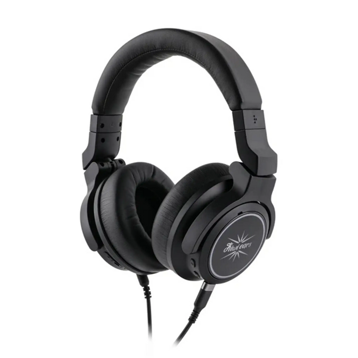 Kiwi Ears Aventus headphones front right 3 quarter angle with cable on whitebox