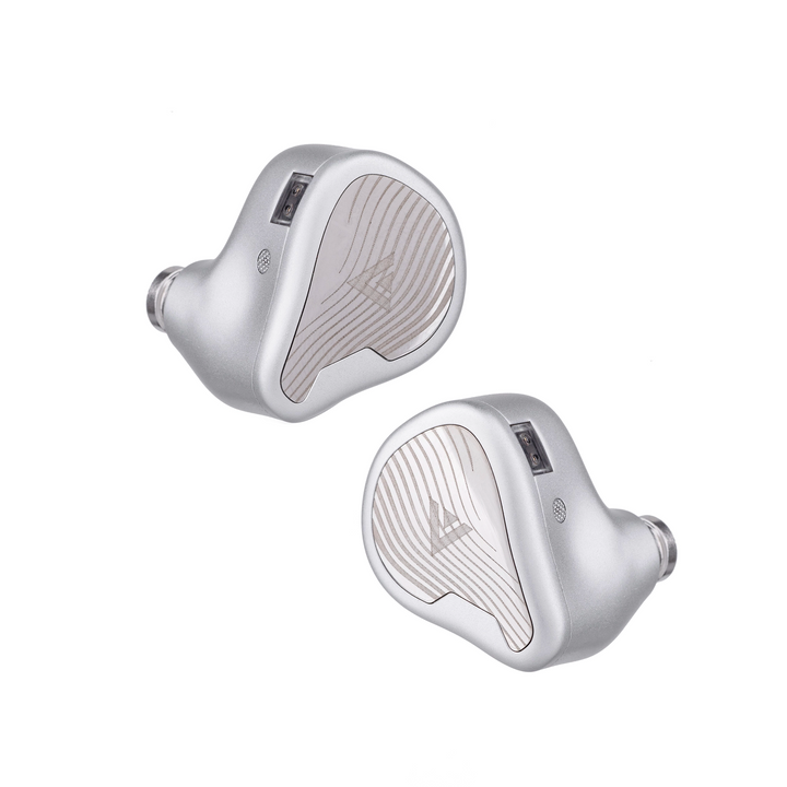 Linsoul Avant in-ear monitors with metallic silver housings and a textured beige inner pad, shown on a solid white background.