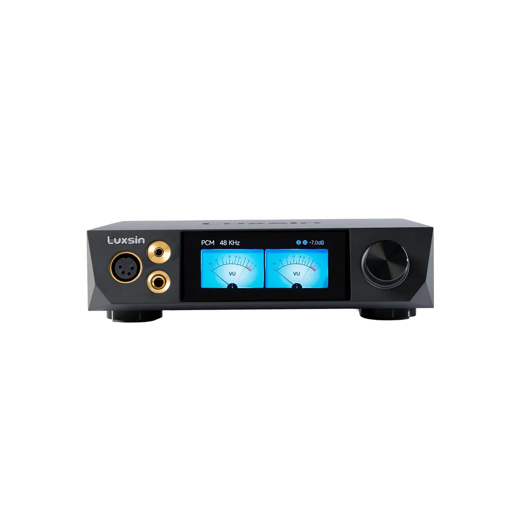 Luxsin X8 DAC and amp front and center display on whitebox