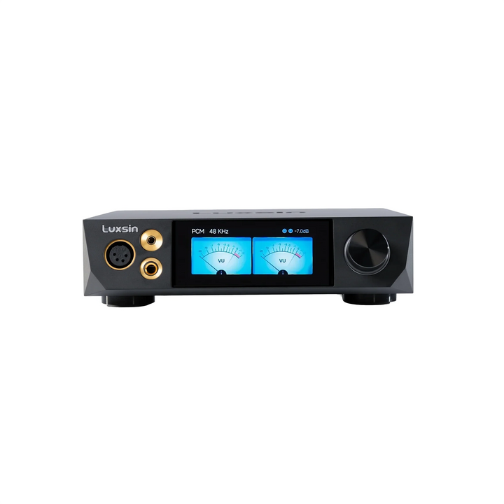 Luxsin X8 DAC and amp front and center display on whitebox