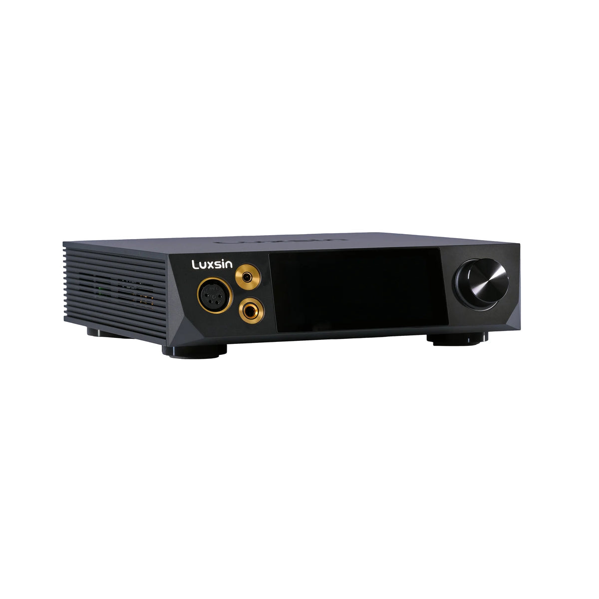 Luxsin X8 DAC and amp sitting front left 3 quarter whitebox