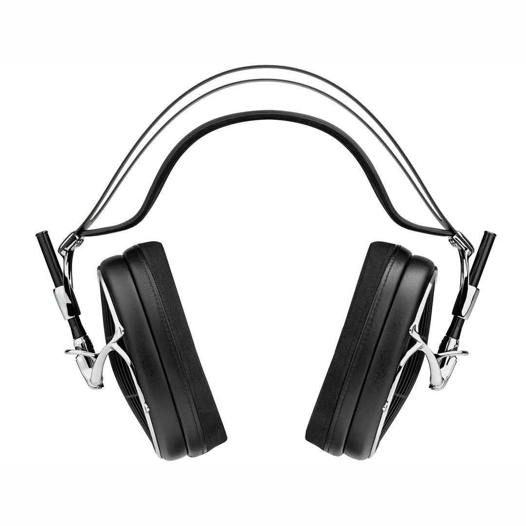 Black over-ear Meze Arta headphones with a flexible headband and silver metal mounting hardware, shown against a solid white background.