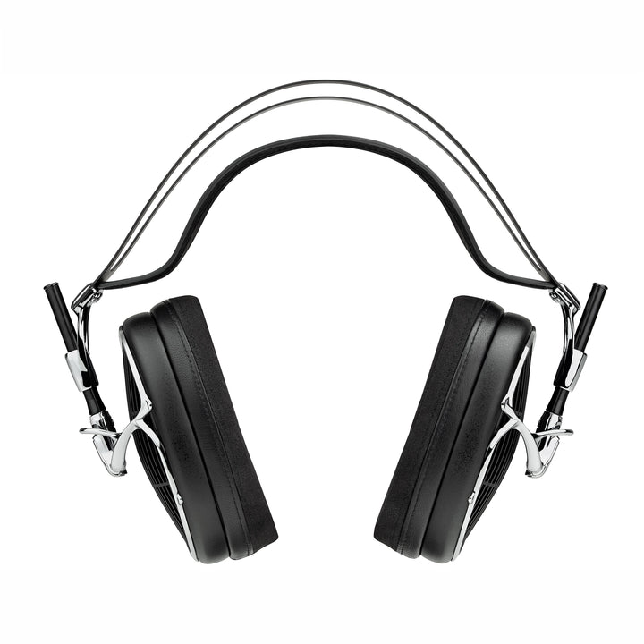 Black over-ear Meze Arta headphones with a flexible headband and silver metal mounting hardware, shown against a solid white background.