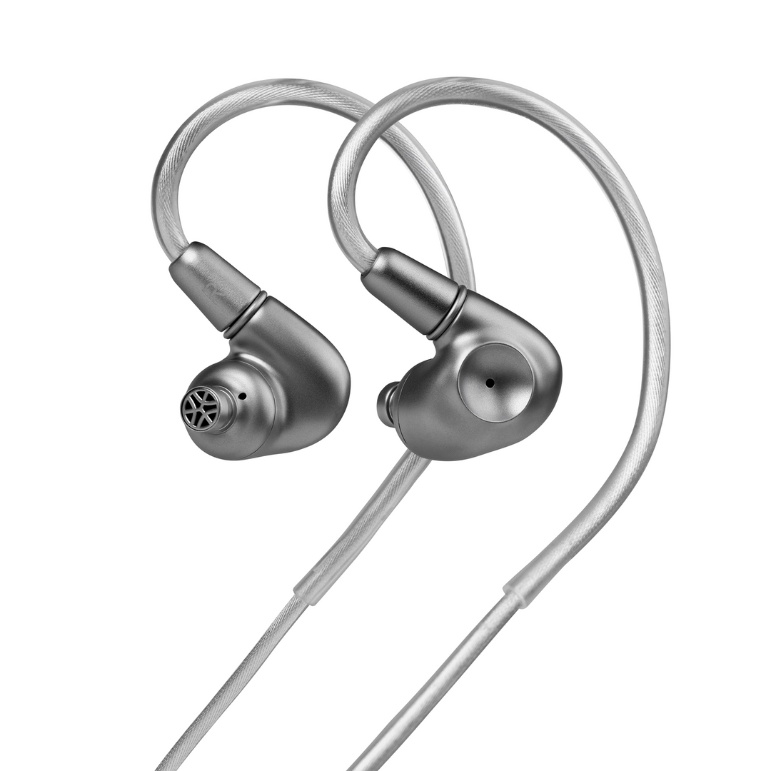 Meze Audio ASTRU IEMs attached to cable front and back view whitebox
