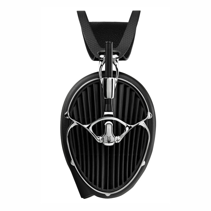 Meze Audio Arta headphones with a ribbed texture, featuring a polished silver metal central bar and loop, suspended from a black strap against a solid white background.