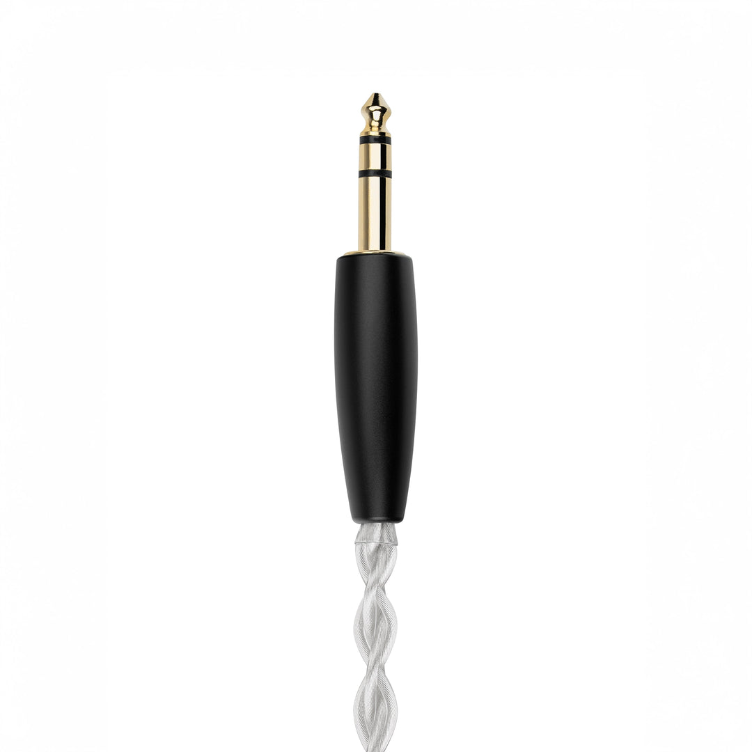 A close-up of a 3.5mm audio jack adapter with gold-plated metal tip, and a twisted white cable below, shown on a plain white background.
