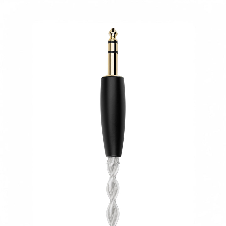 A close-up of a 3.5mm audio jack adapter with gold-plated metal tip, and a twisted white cable below, shown on a plain white background.