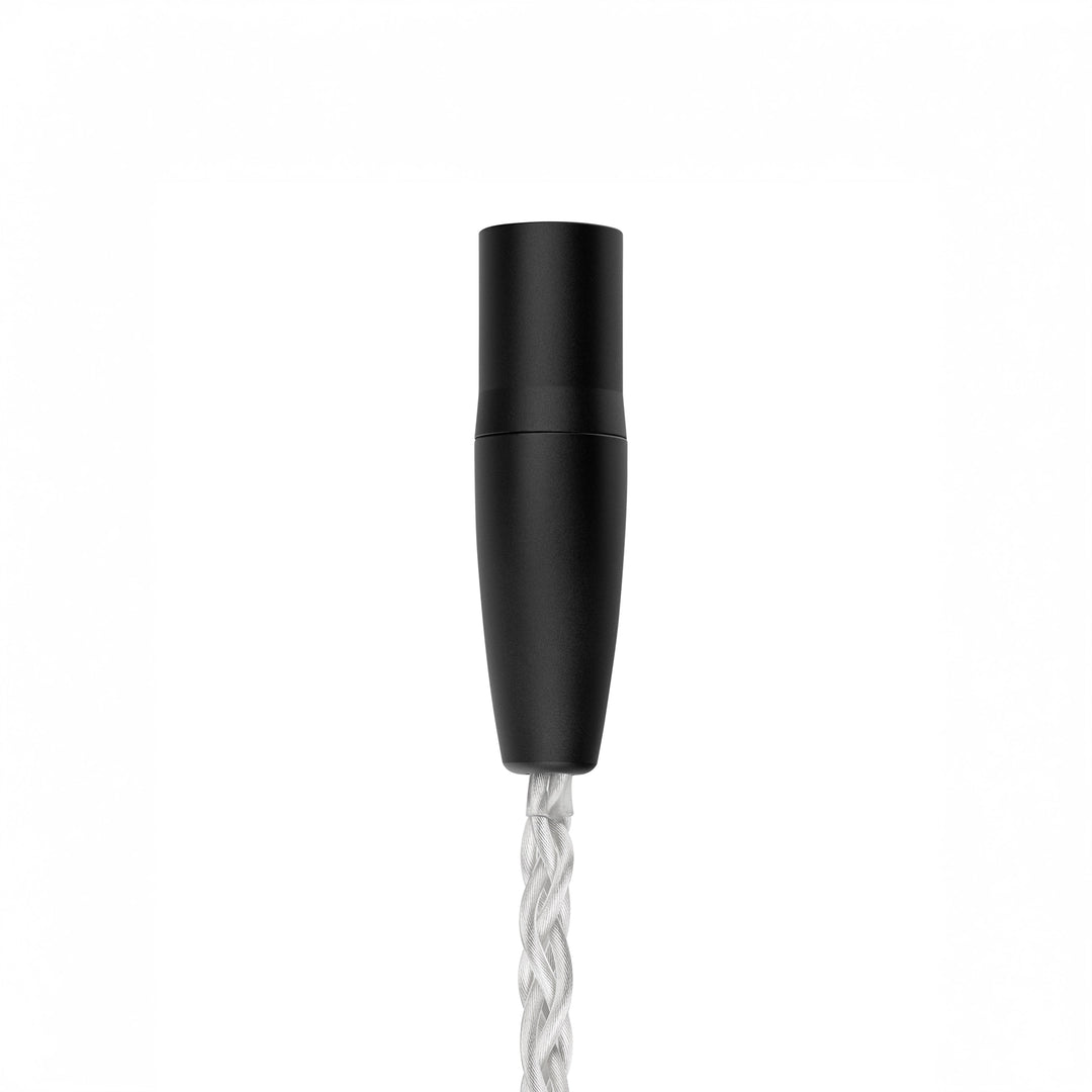 A close-up of XLR audio jack connector with a white braided cable extending downward, shown against a solid white background.