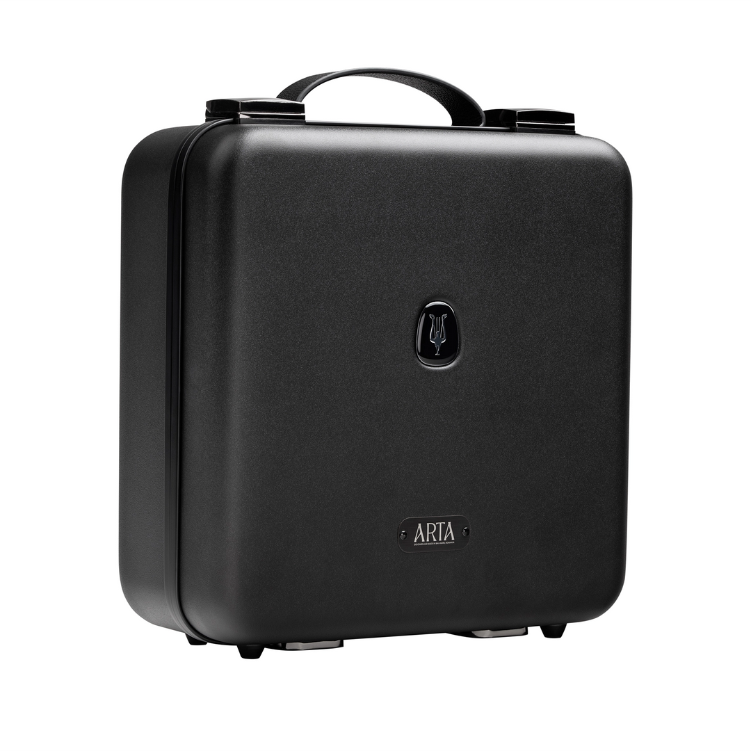 Meze Audio Arta headphone black hard-shell carrying case with a top handle, featuring a small circular logo and the brand name &