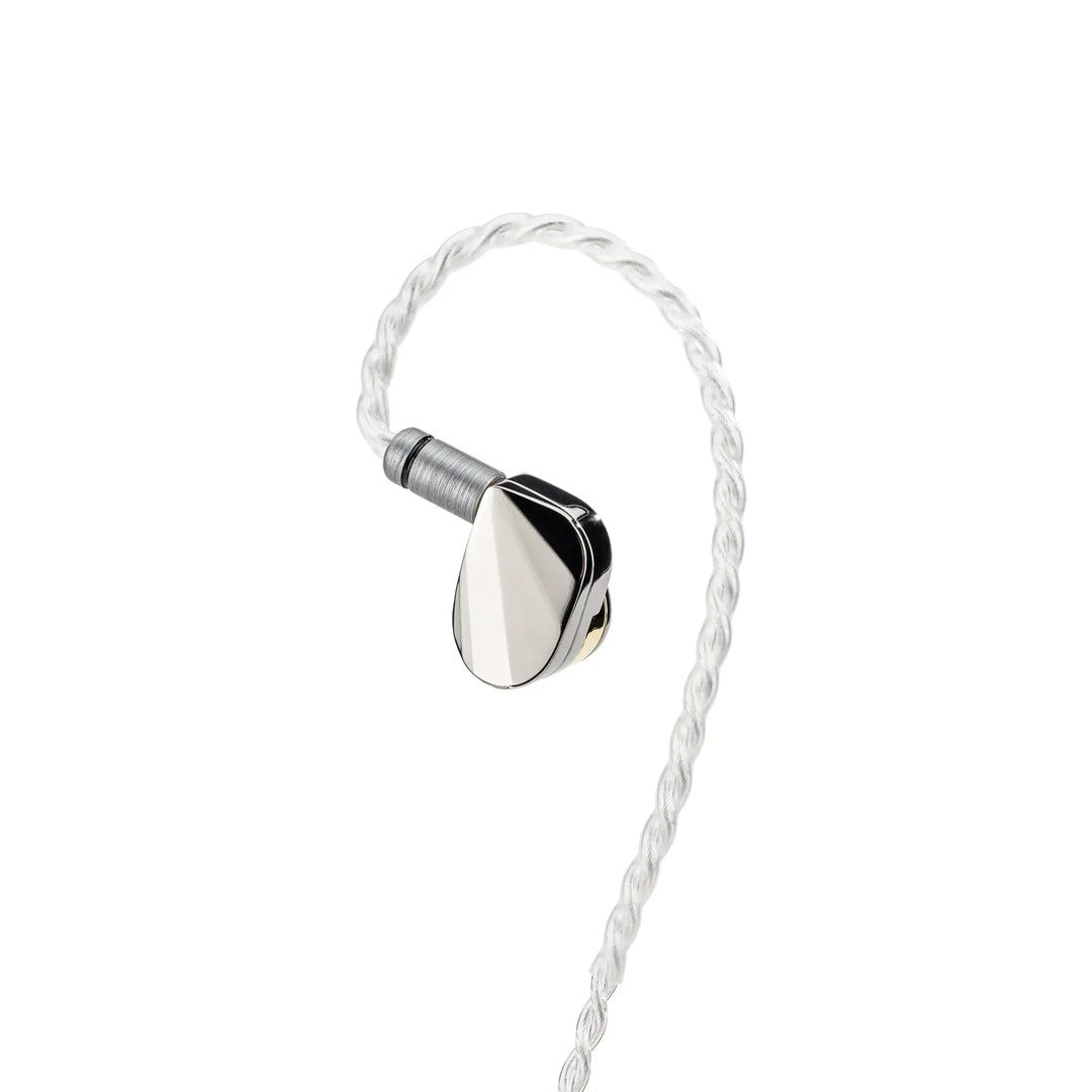 Moondrop Illustrious IEM floating front right 3 quarter angle with cable attached whitebox