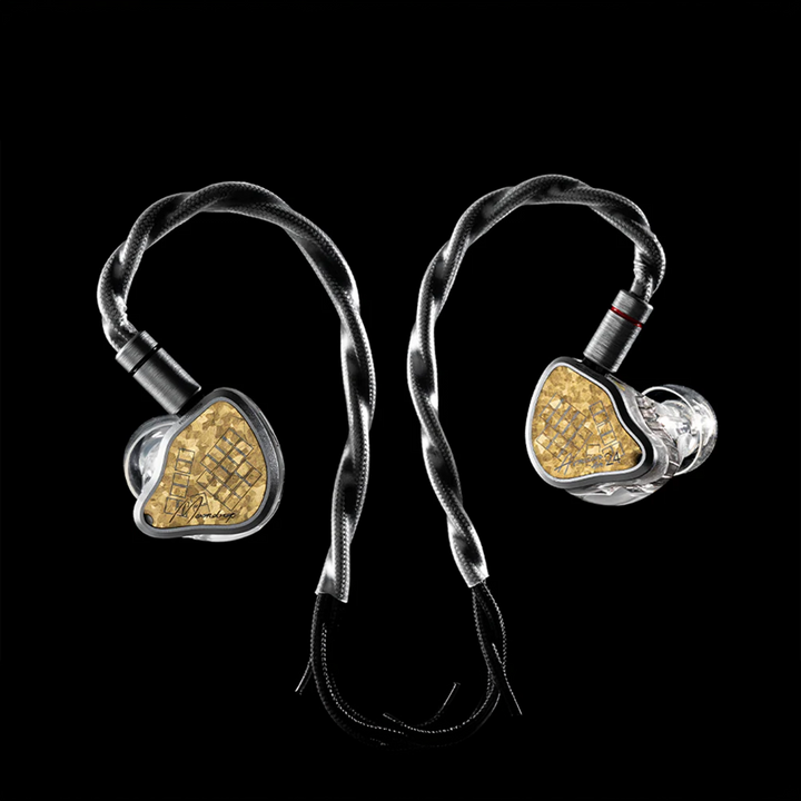 Moondrop Armature Art 24 iems attached to cable floating black background
